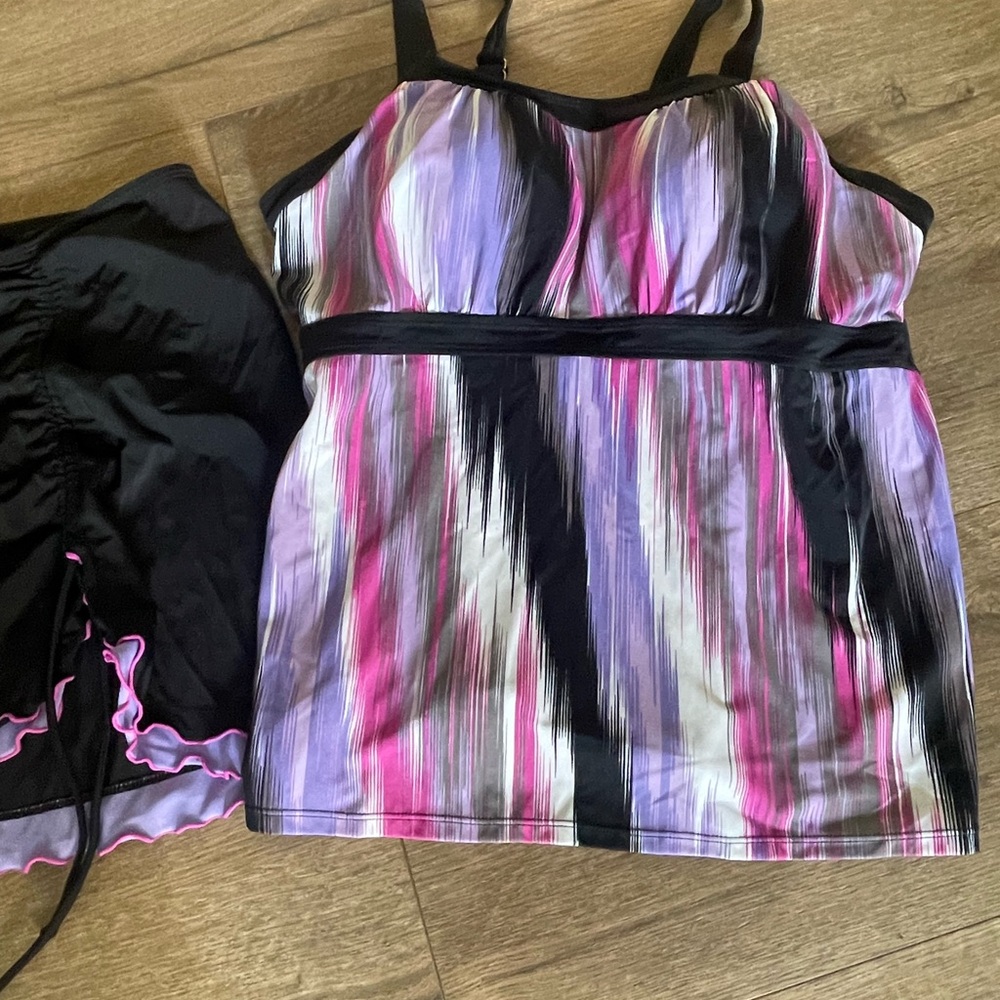 Denim & Co Beach Purple, Pink and Black Striped Tankini 3-Pc Set